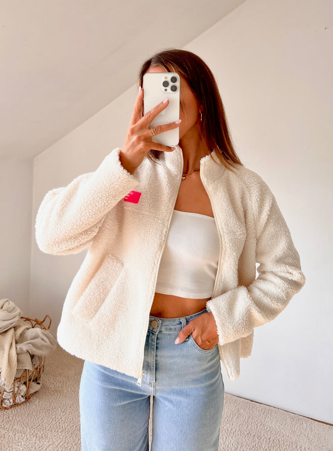 CREME TEDDY JACKE mit pinken Patch
