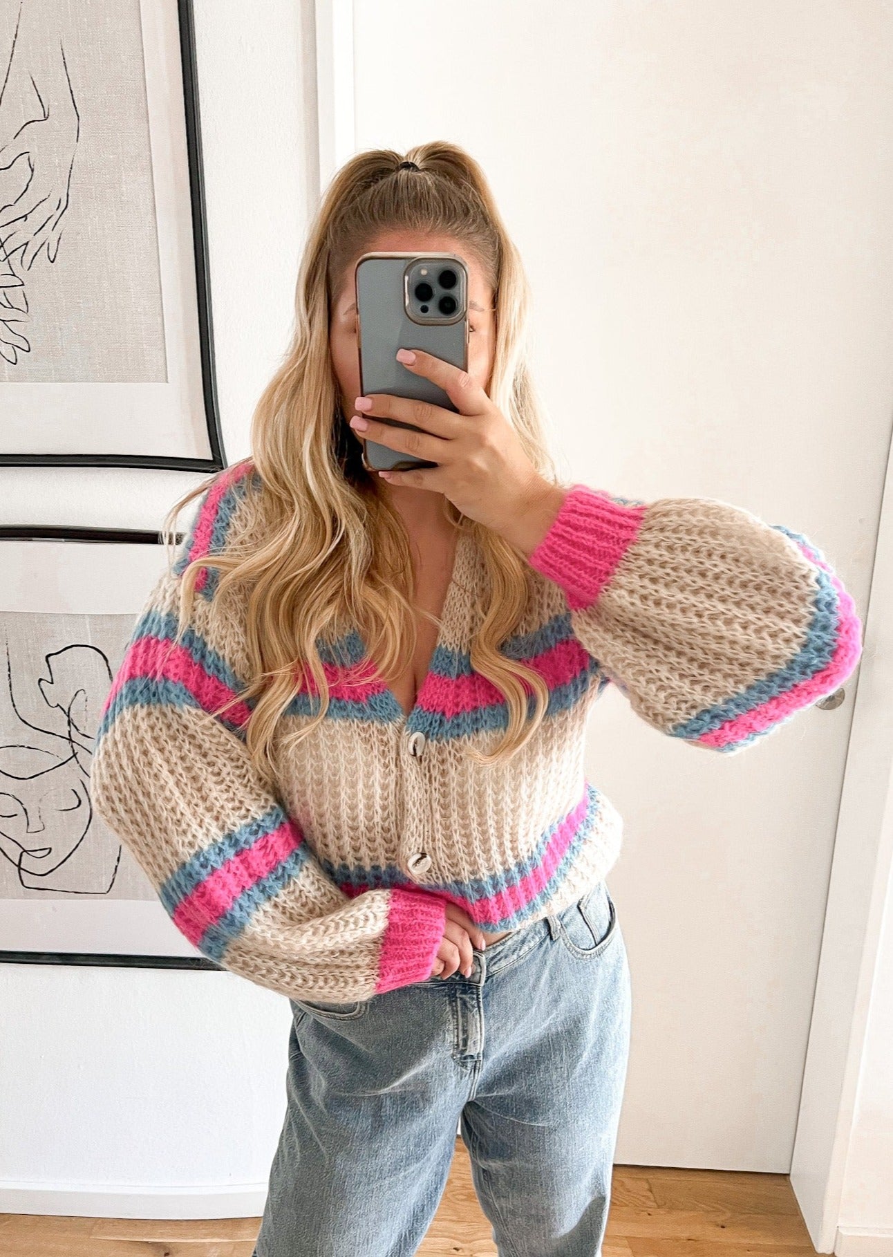 STREIFEN STRICKJACKE -pink/blau