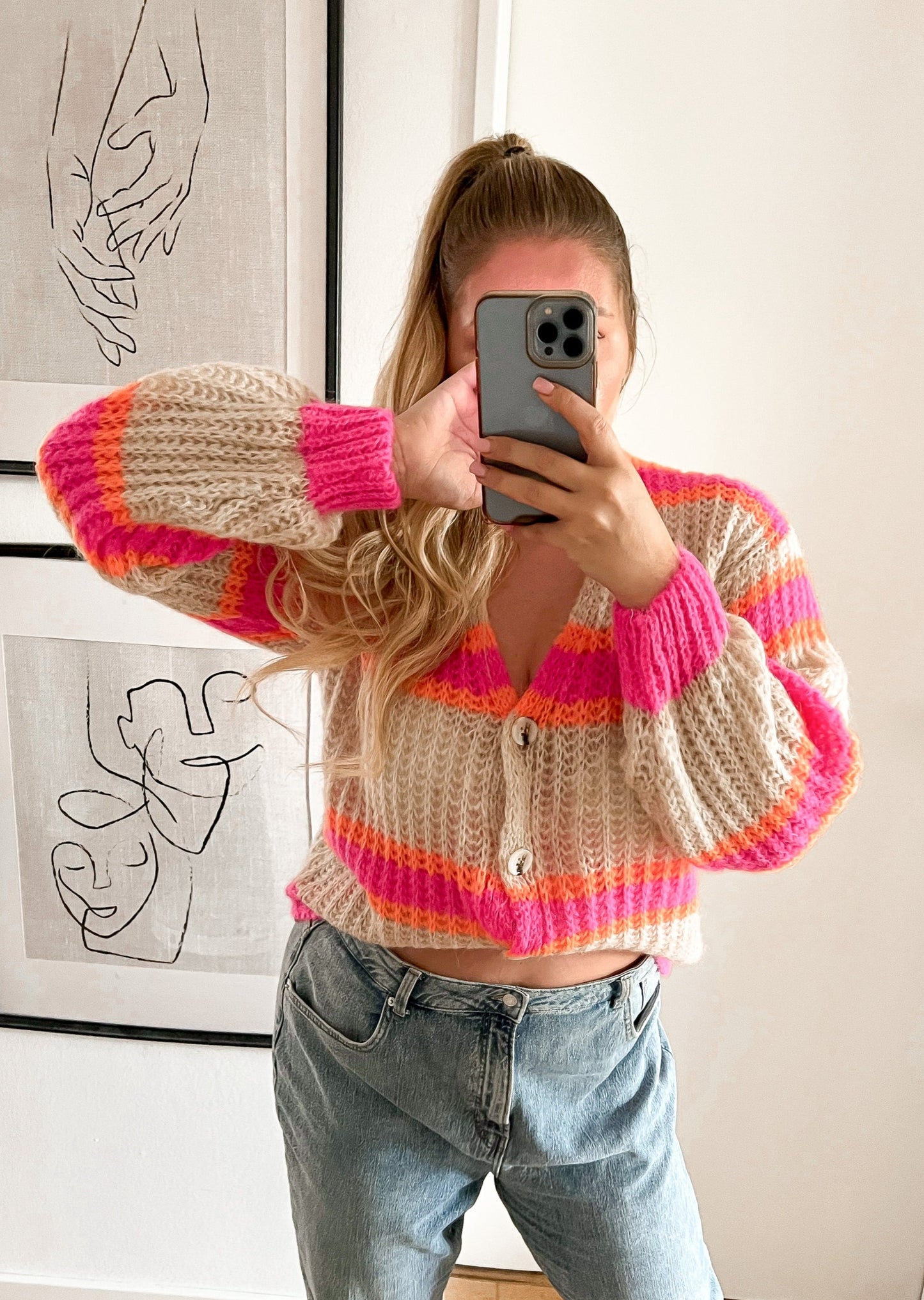 STREIFEN STRICKJACKE -pink/orange