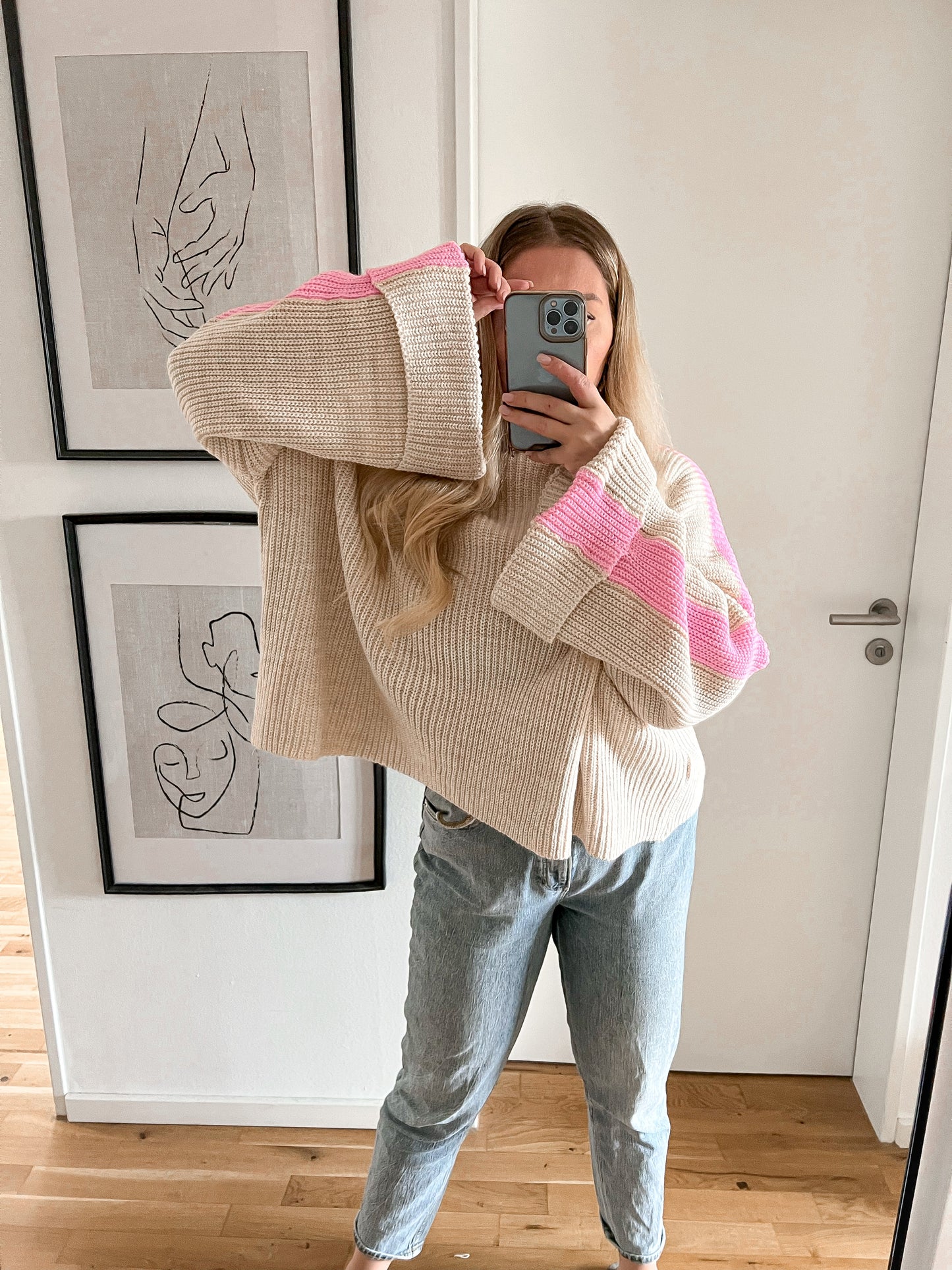 OVERSIZE LINIE STRICKPULLOVER- beige/pink