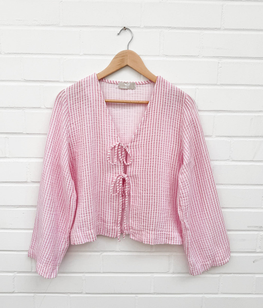 GESTREIFTE MUSSELIN BLUSE mit Schleife - rosa