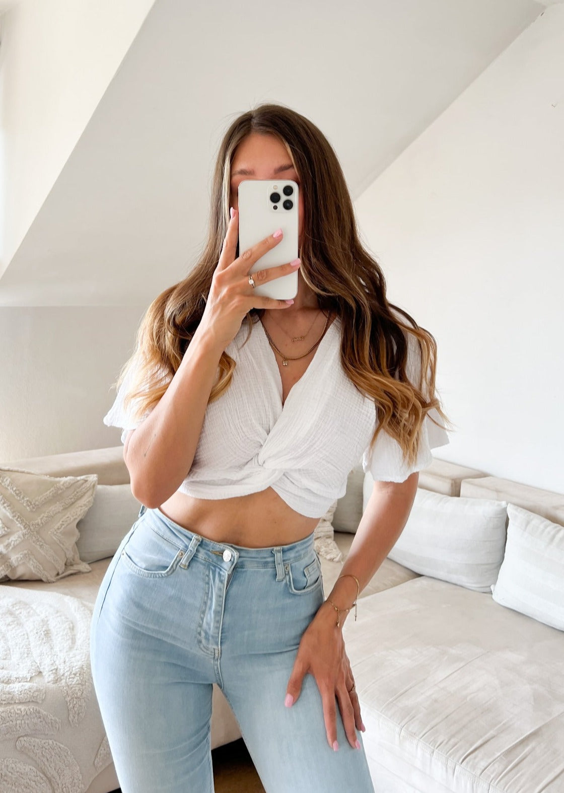 MUSSELIN CROP BLUSE- NUR NOCH BLAU