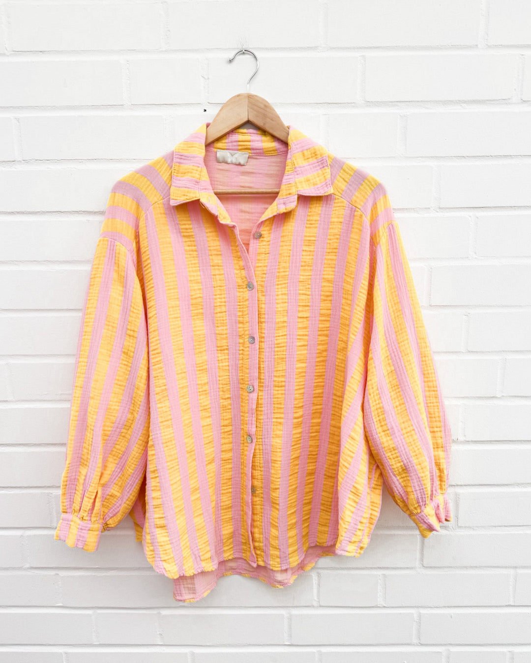 OVERSIZE GESTREIFTE MUSSELIN BLUSE - gelb/rosa