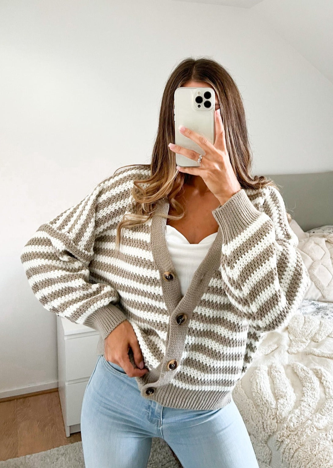 STREIFEN LOOLA CARDIGAN -taupe