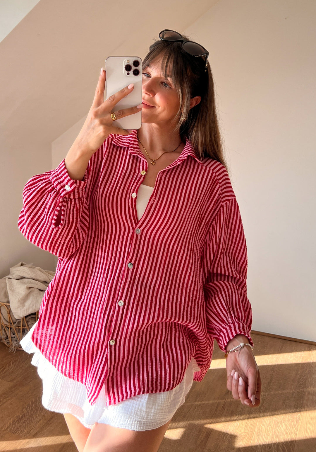 OVERSIZE STREIFEN MUSSELIN BLUSE - rot/rosa