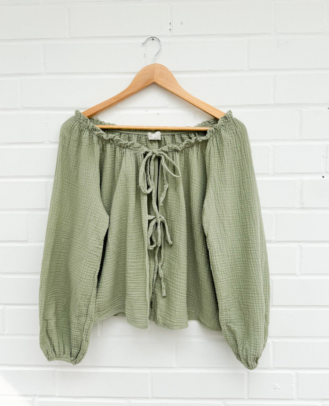 LANGARM SCHLEIFEN MUSSELIN BLUSE - khaki