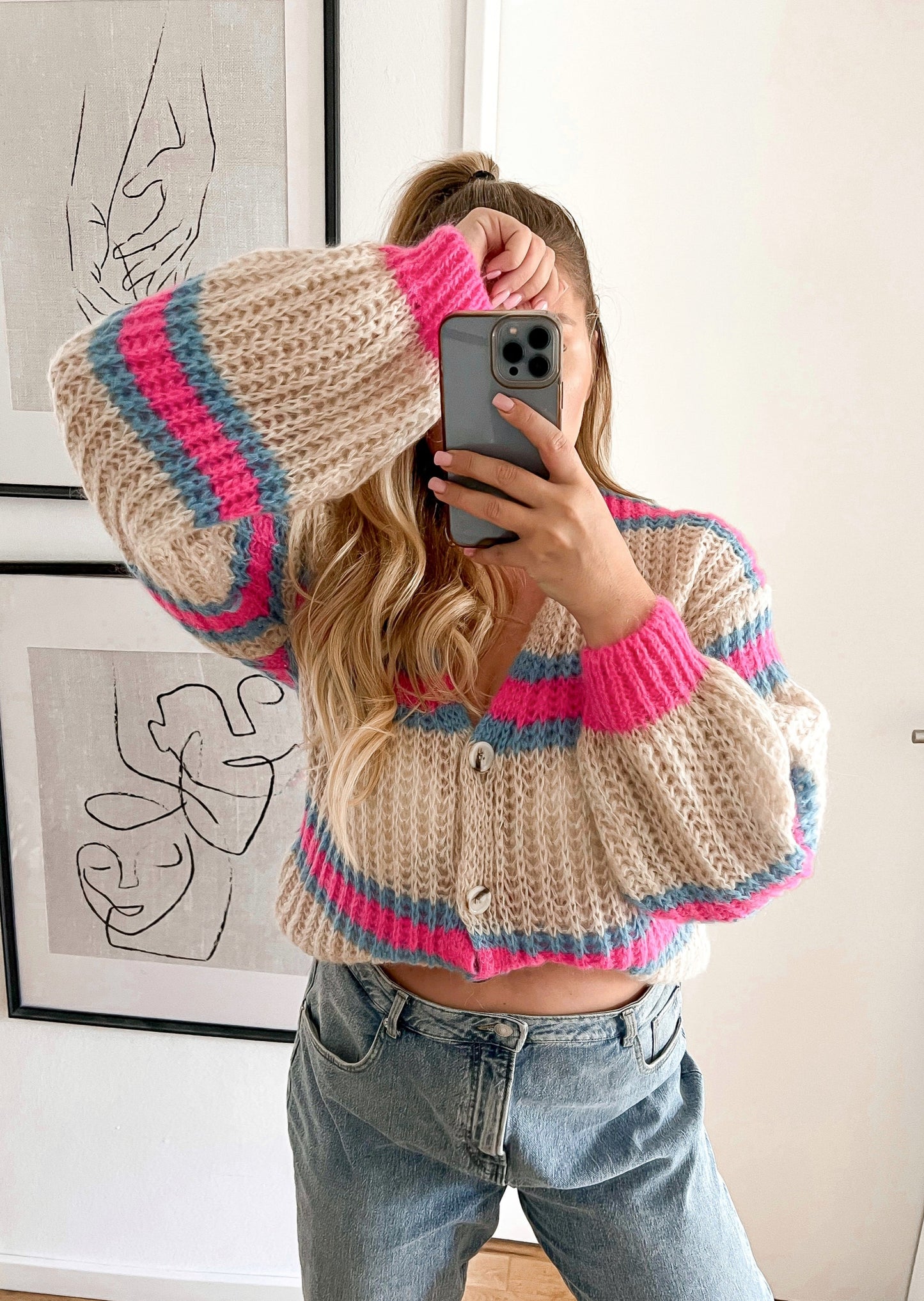 STREIFEN STRICKJACKE -pink/blau