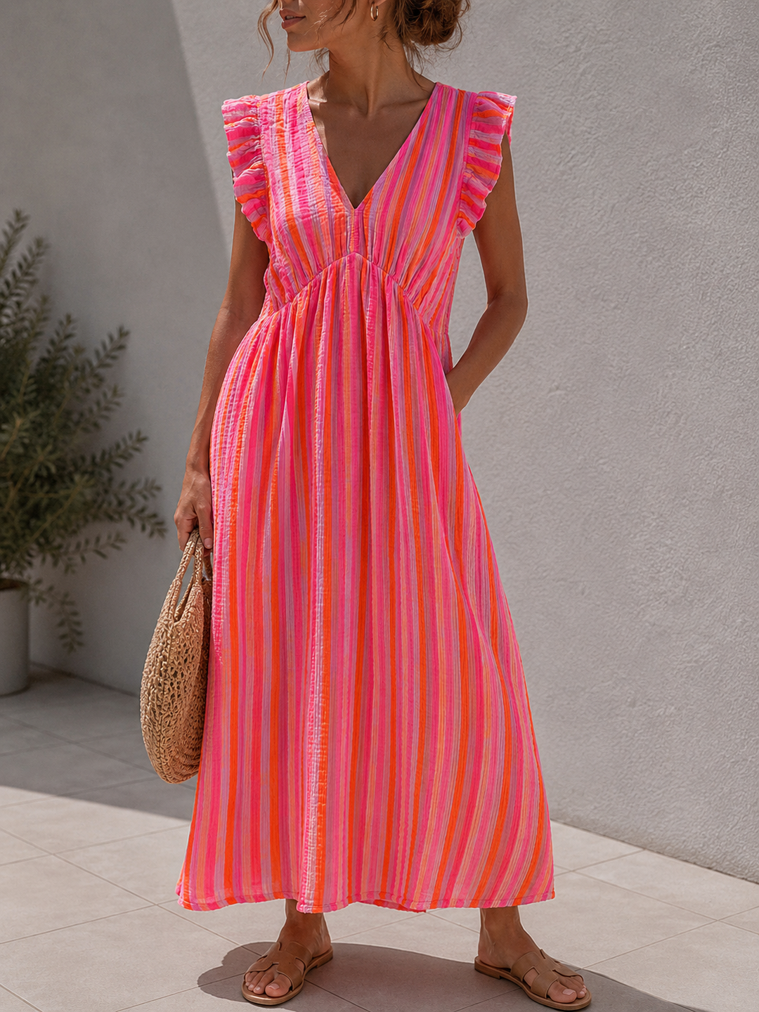 LANGES STREIFEN MUSSELIN KLEID - pink orange