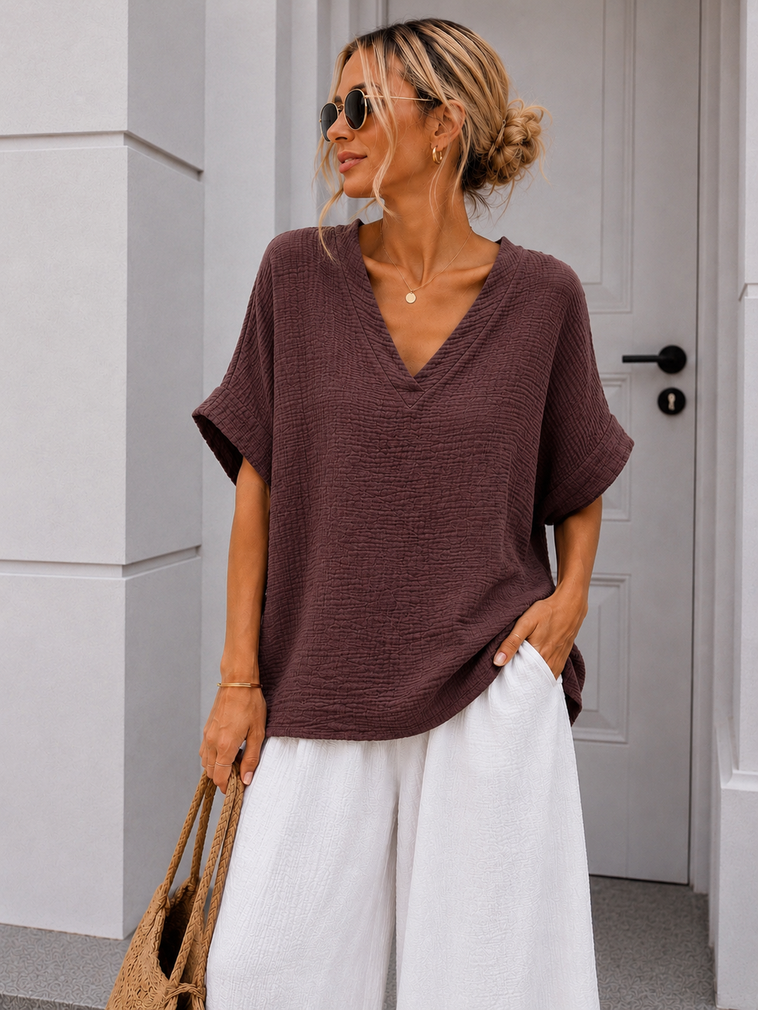 MUSSELIN SHIRT GINA mit V Ausschnitt - versch. Farben