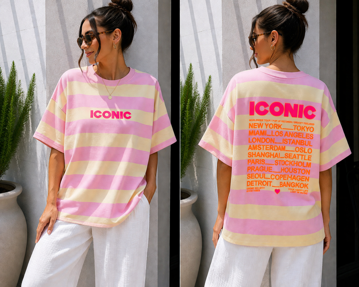 STREIFEN ICONIC T-SHIRT - rosa/gelb.