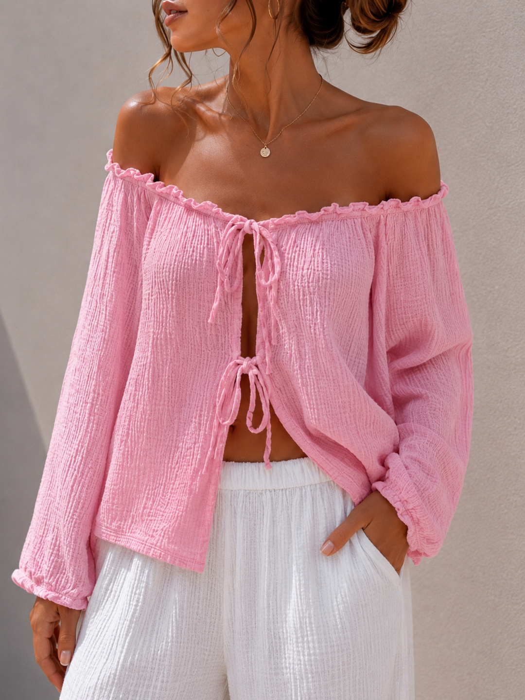 LANGARM SCHLEIFEN MUSSELIN BLUSE - versch. Farben