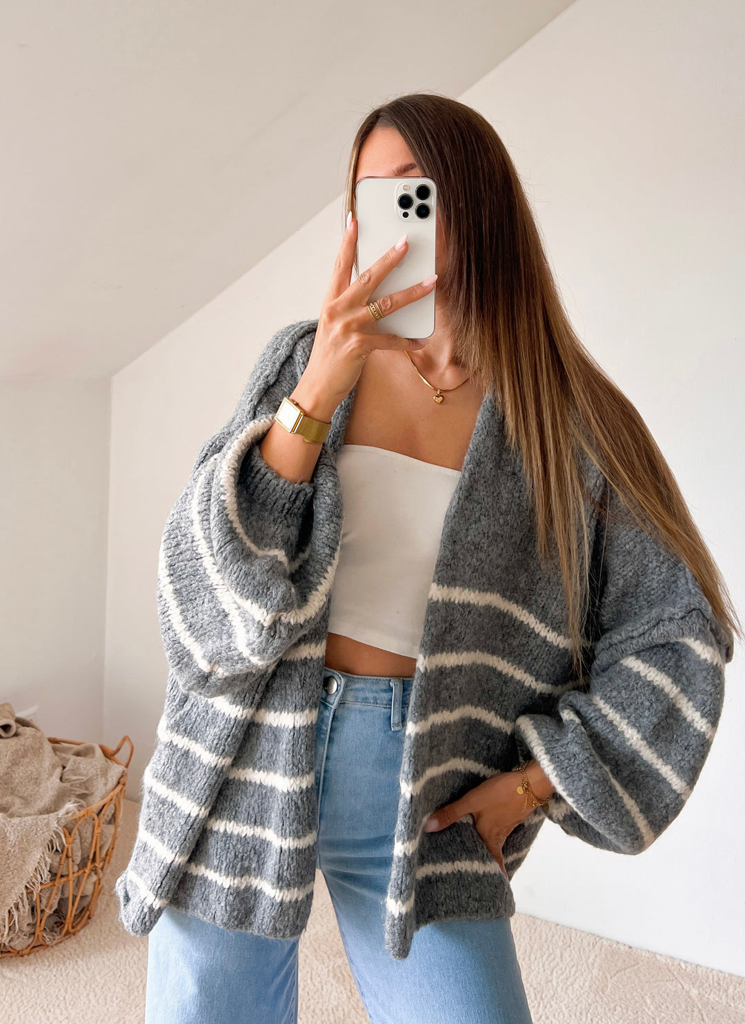 STREIFEN OVERSIZE STRICKJACKE MELLO - dunkelgrau