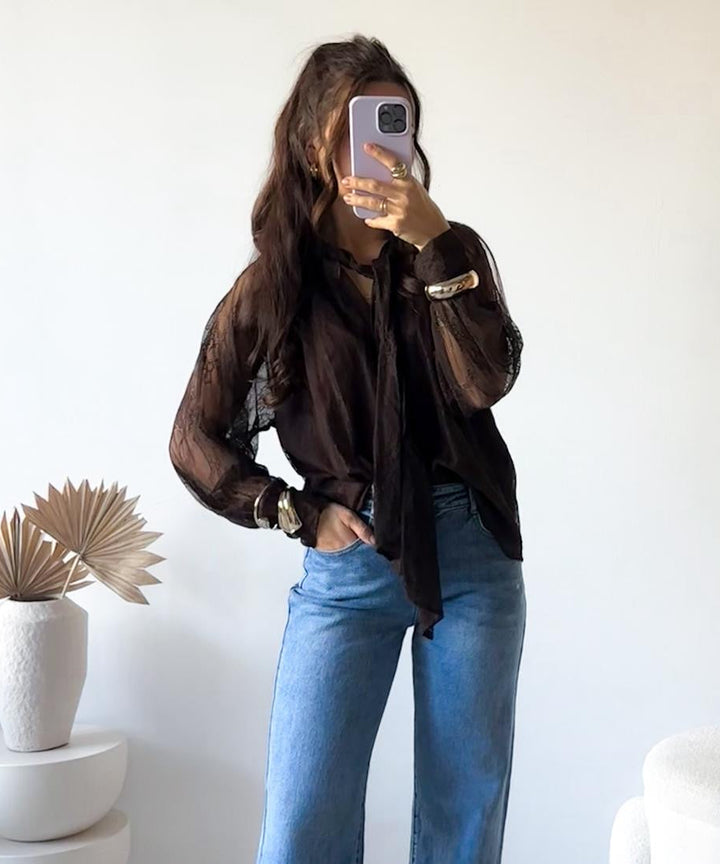 BLUSE AUS SPITZE - braun