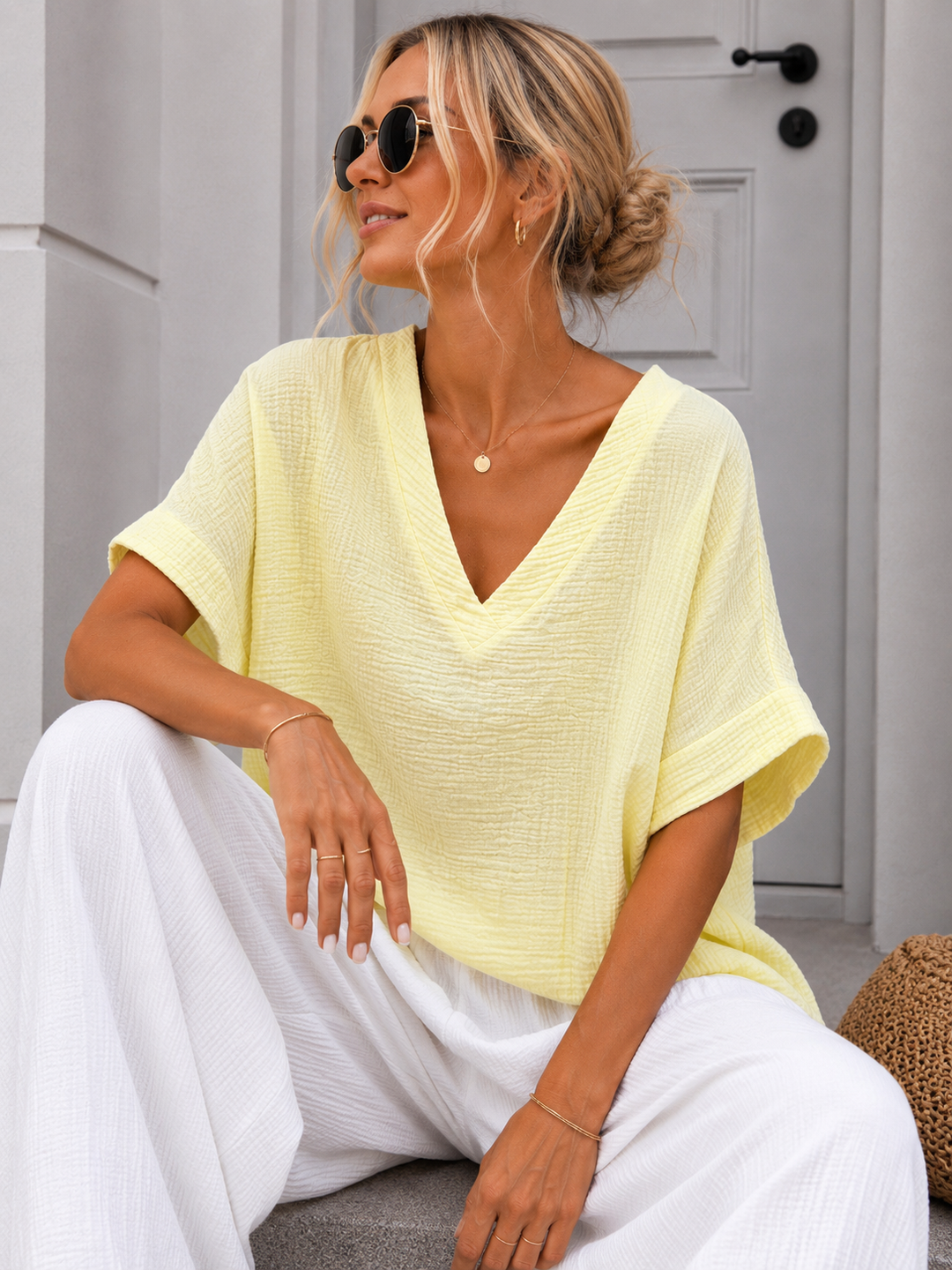 MUSSELIN SHIRT GINA mit V Ausschnitt - versch. Farben