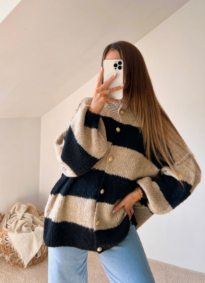 STREIFEN STRICKJACKE MAIRA - taupe schwarz