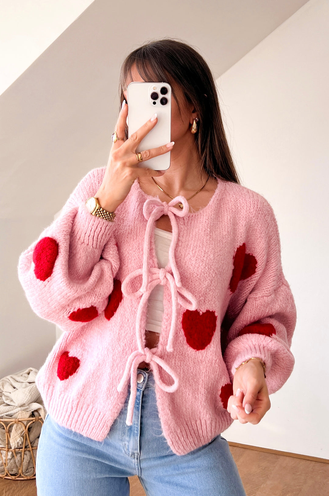 HERZ SCHLEIFEN STRICKJACKE - Rosa (M1)