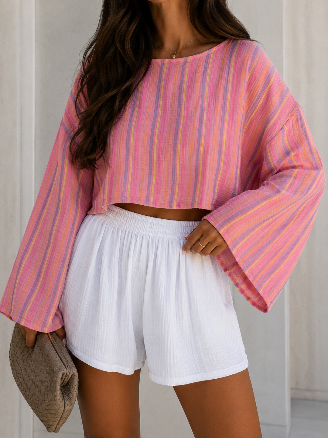 CANDY STREIFEN CROP LANGARM BLUSE - pink