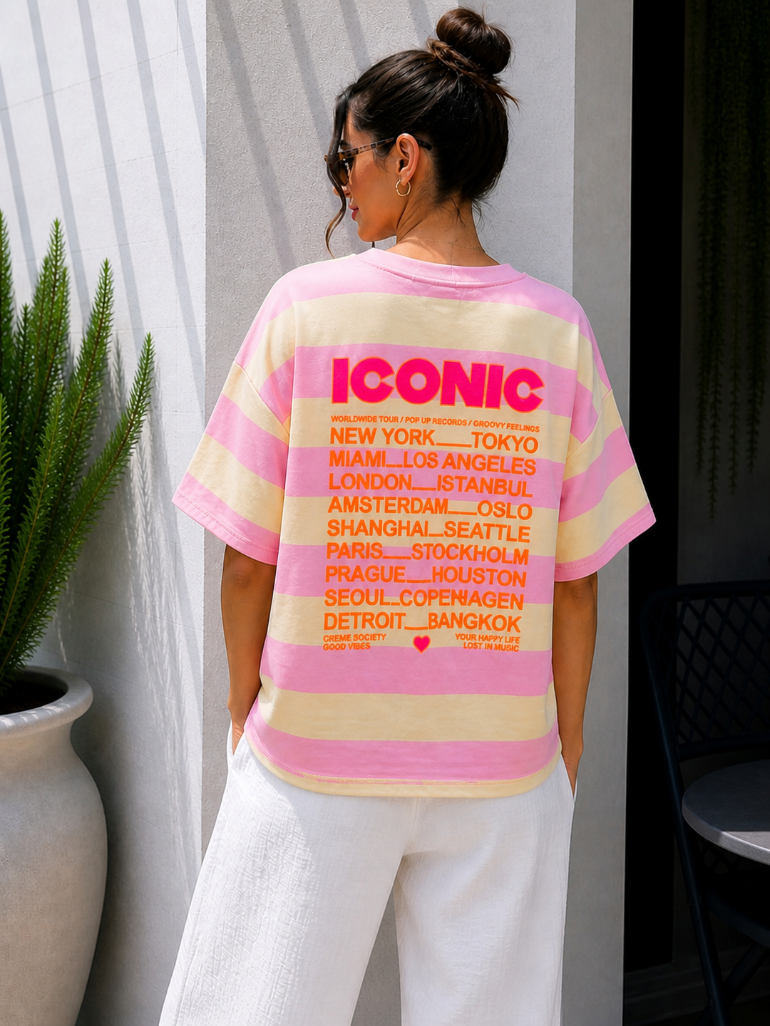 STREIFEN ICONIC T-SHIRT - rosa/gelb.