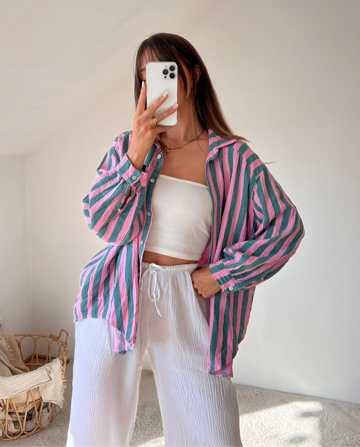 OVERSIZE GESTREIFTE MUSSELIN BLUSE - Salbei/Rosa