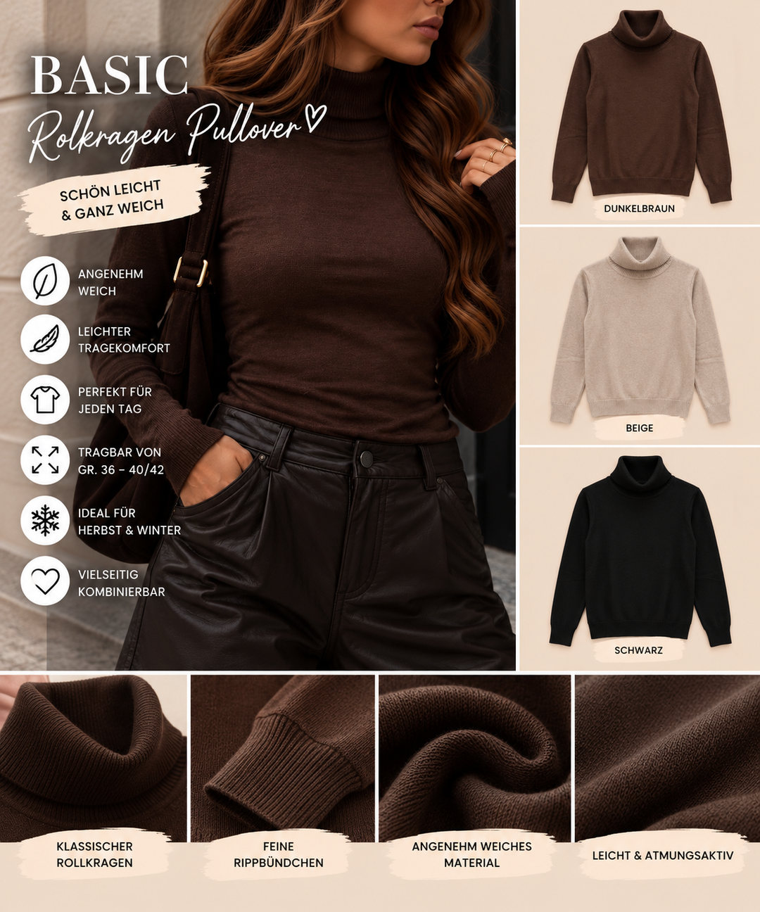BASIC ROLLKRAGEN PULLOVER - versch.   Farben