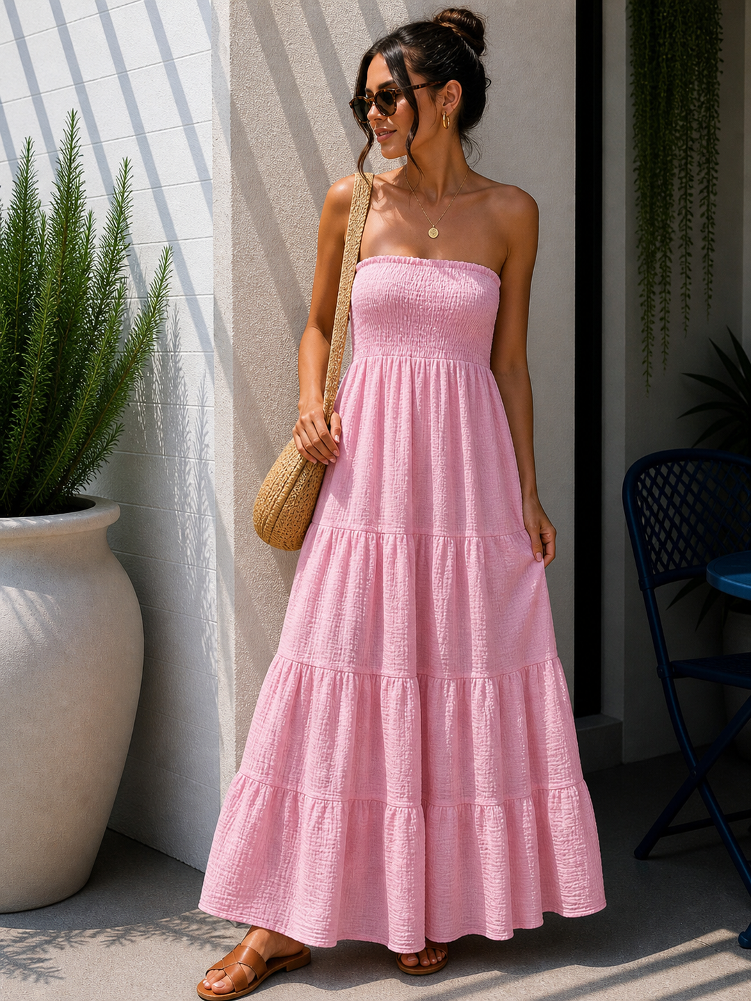 LANGES MUSSELIN BANDEAU KLEID - versch. Farben