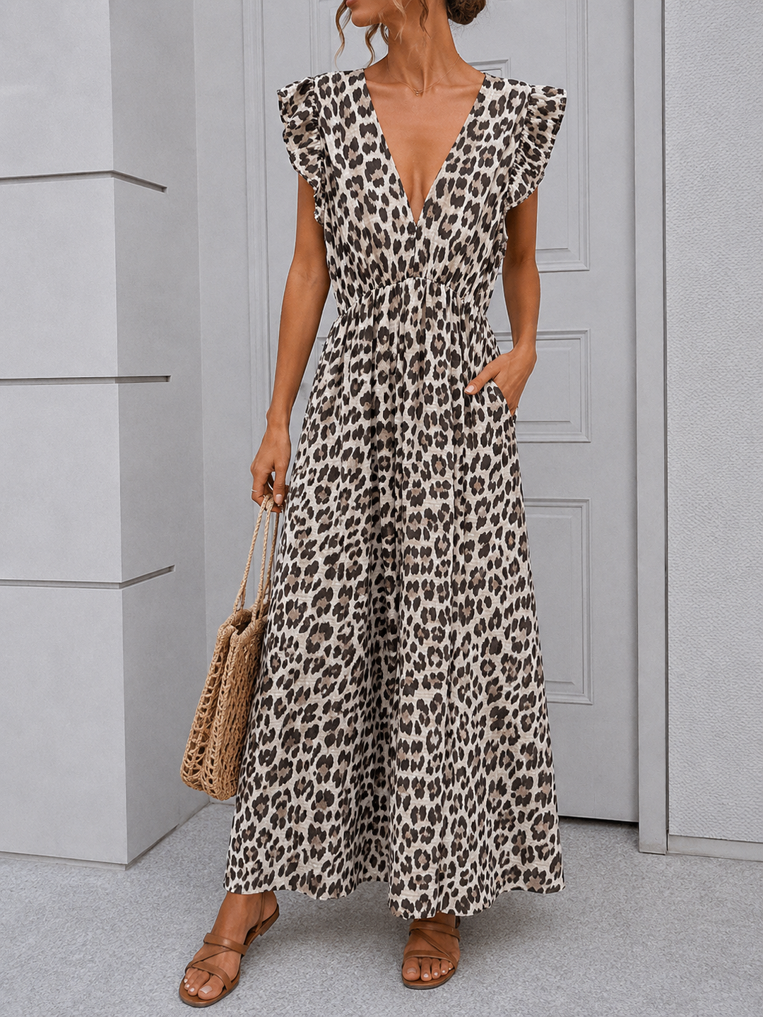 RÜSCHEN LEO MUSSELIN KLEID - beige