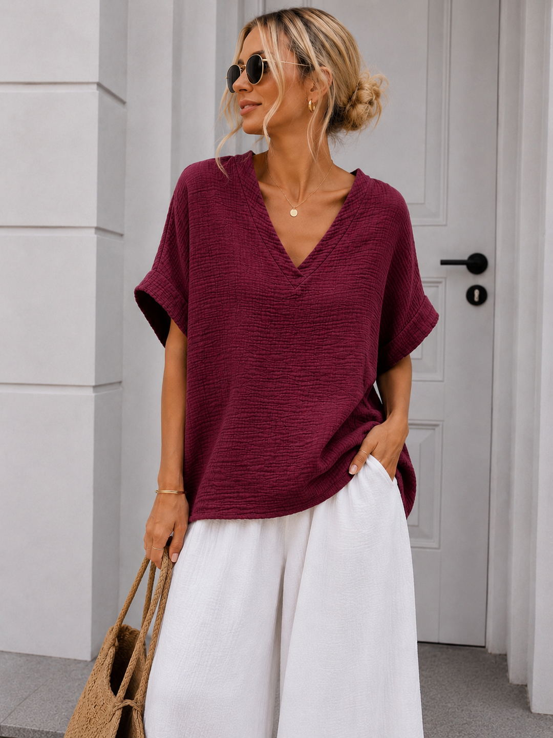 MUSSELIN SHIRT GINA mit V Ausschnitt - versch. Farben