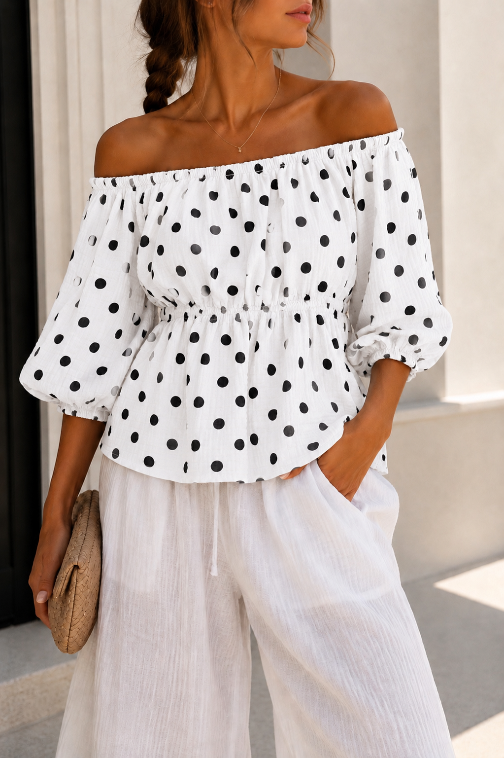 OFF SHOULDER PUNKTE MUSSELIN BLUSE - versch. Farben
