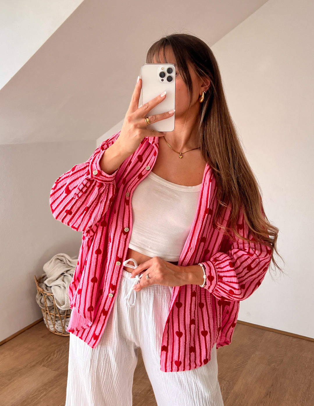 HERZ STRIPE MUSSELIN BLUSE - pink/rot