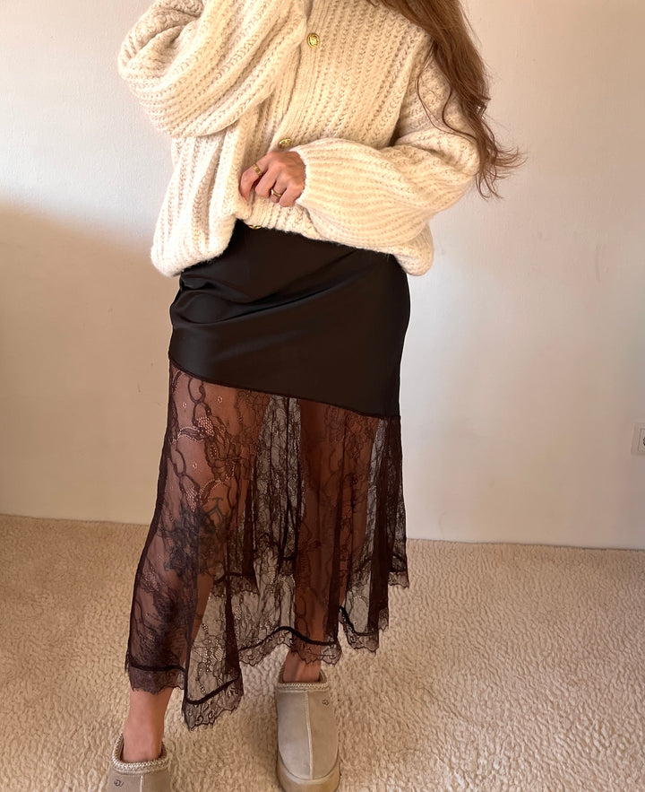 MIDI SATINOPTIK ROCK mit Spitze - versch. Farben