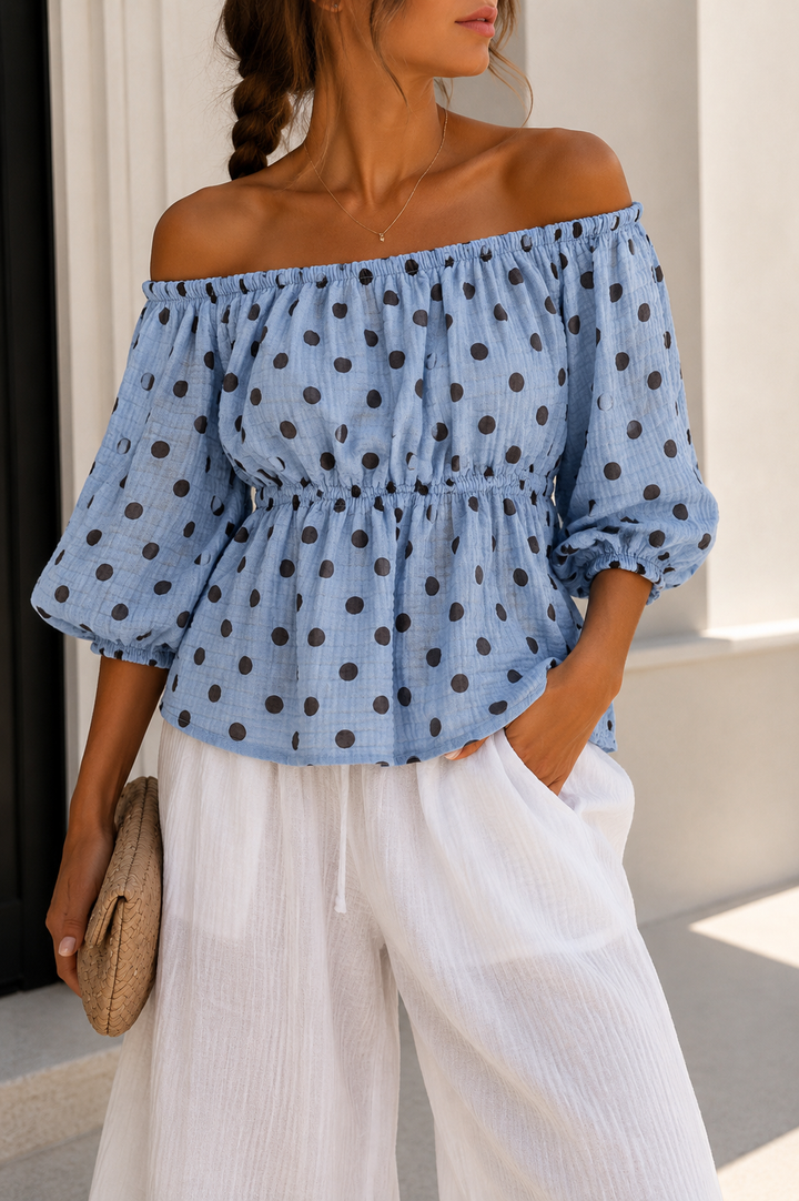 OFF SHOULDER PUNKTE MUSSELIN BLUSE - versch. Farben