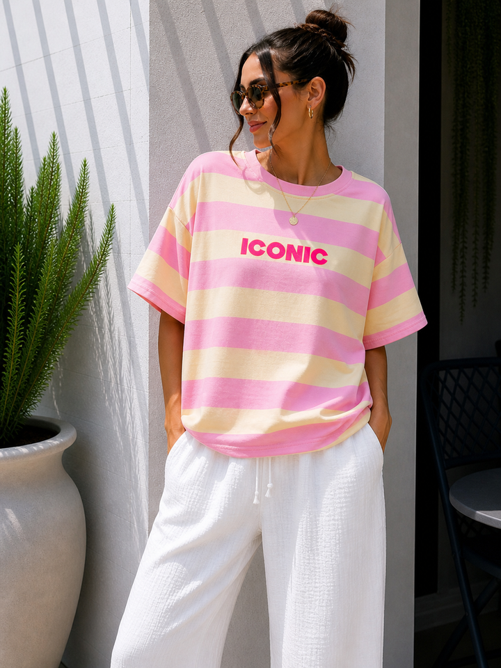 STREIFEN ICONIC T-SHIRT - rosa/gelb.