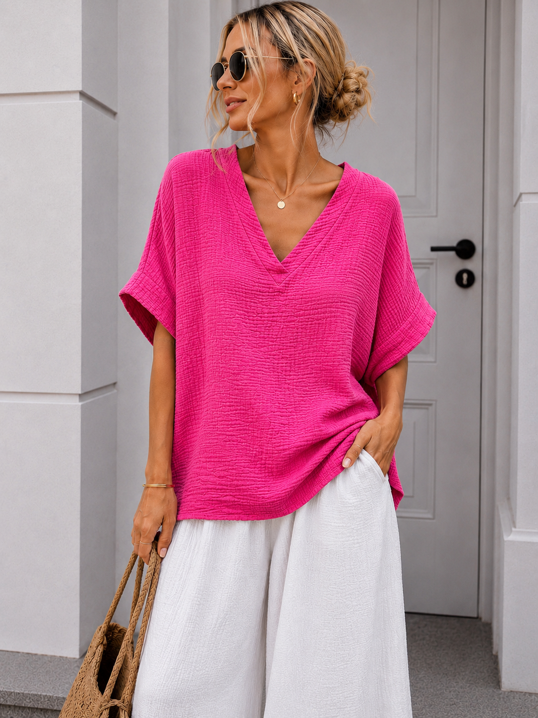 MUSSELIN SHIRT GINA mit V Ausschnitt - versch. Farben