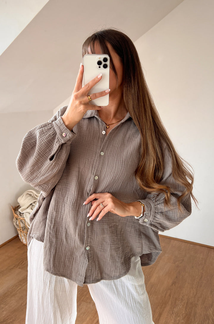 OVERSIZE MUSSELIN BLUSE - taupe