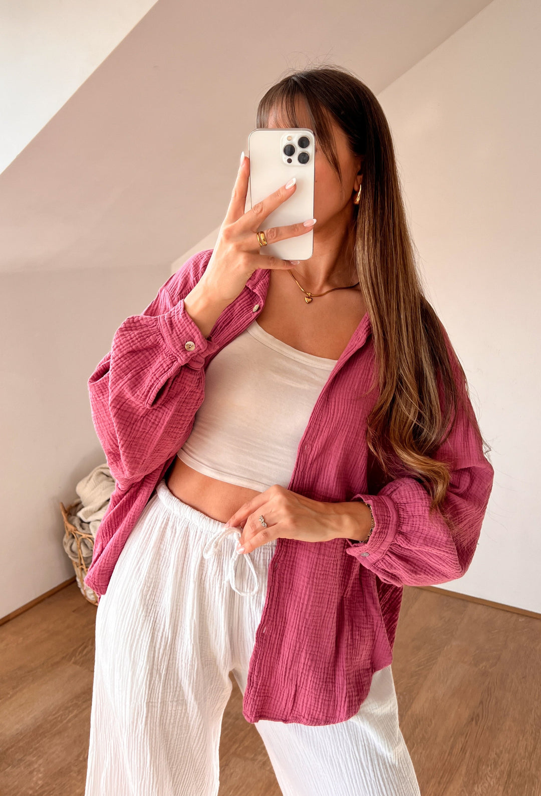 OVERSIZE MUSSELIN BLUSE - himbeere