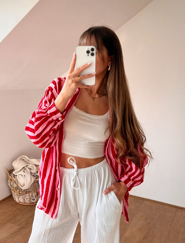 OVERSIZE GESTREIFTE MUSSELIN BLUSE - pink/rot