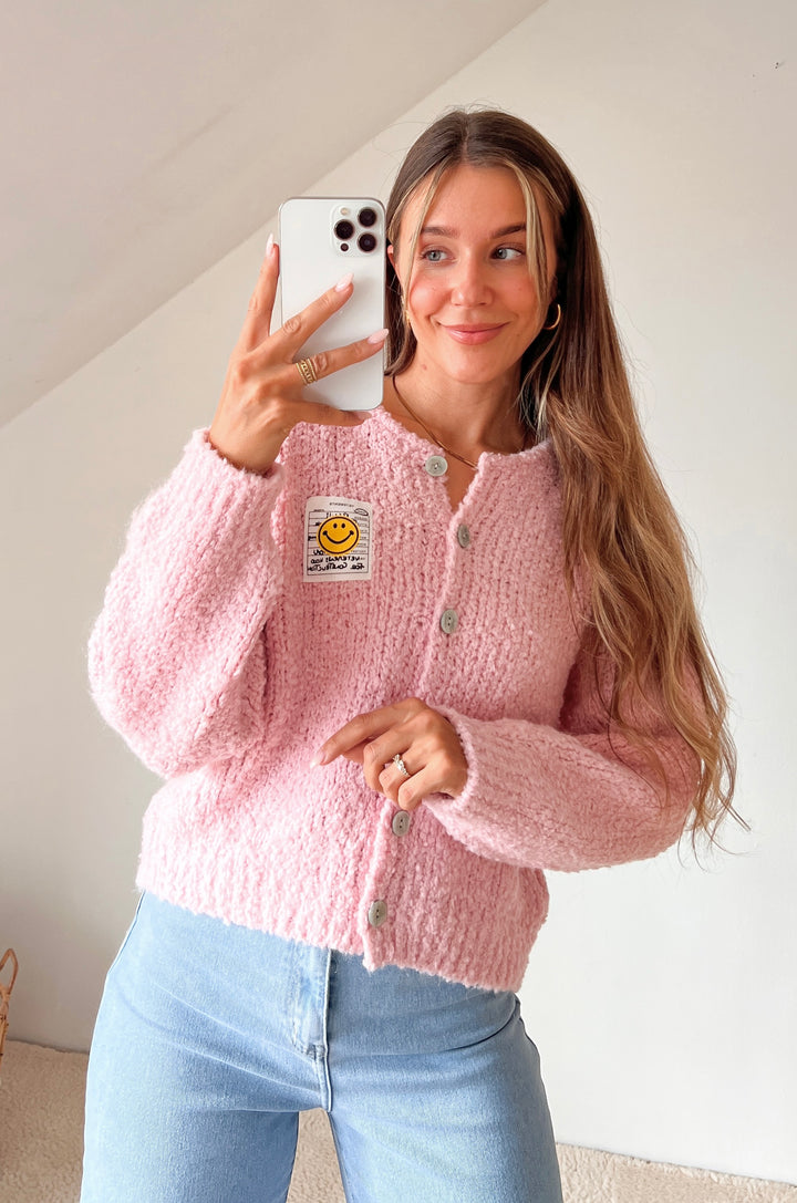 BOUCLE STRICKJACKE mit Smiley - rosa