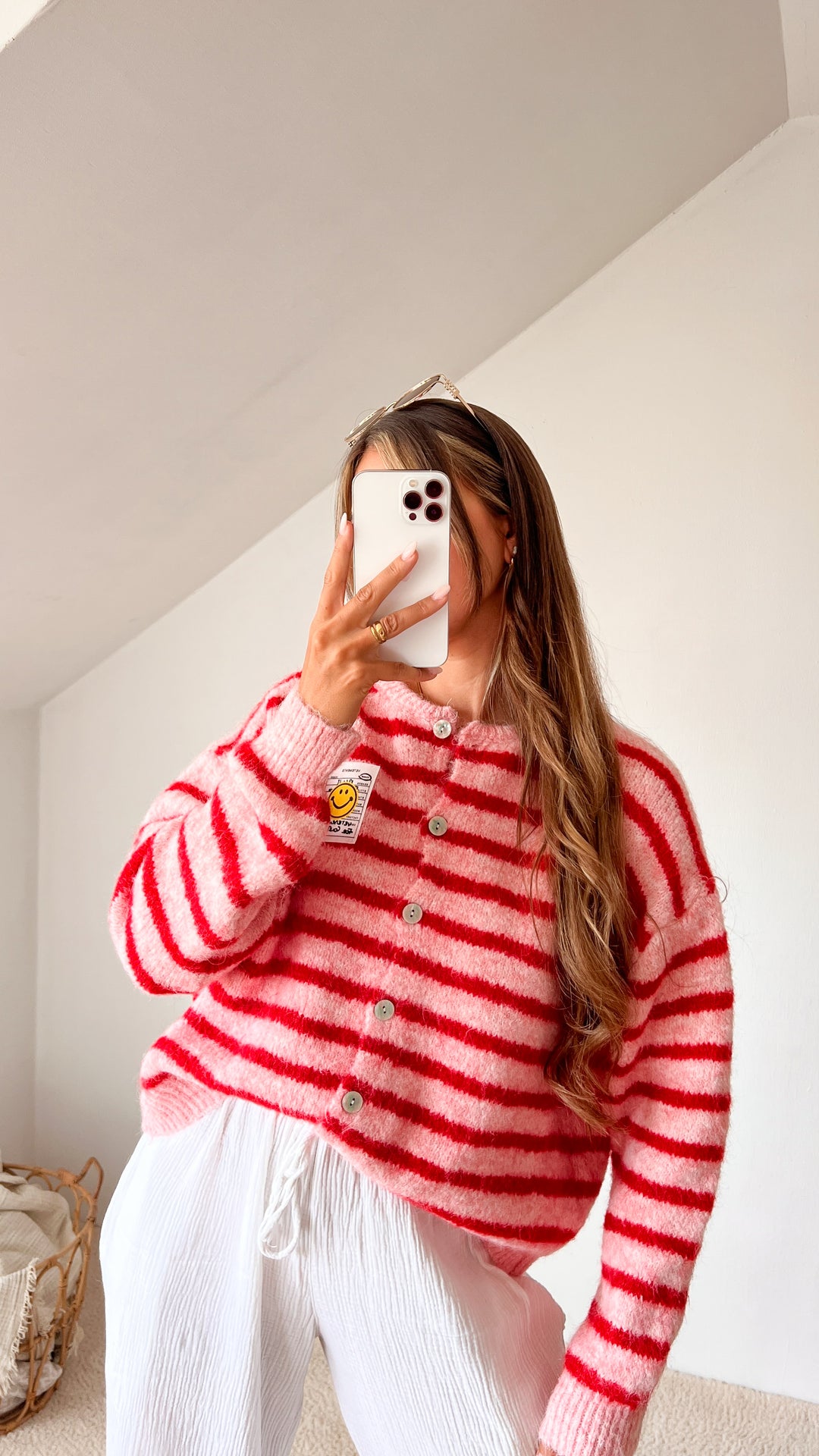 STREIFEN STRICKJACKE mit Smiley - rosa rot