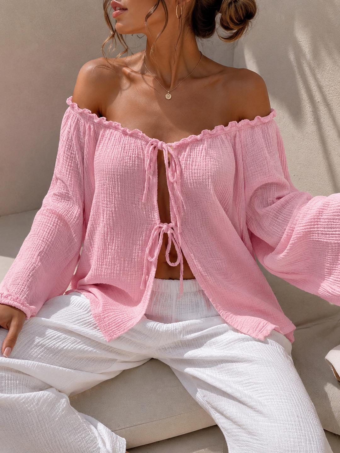 LANGARM SCHLEIFEN MUSSELIN BLUSE - versch. Farben