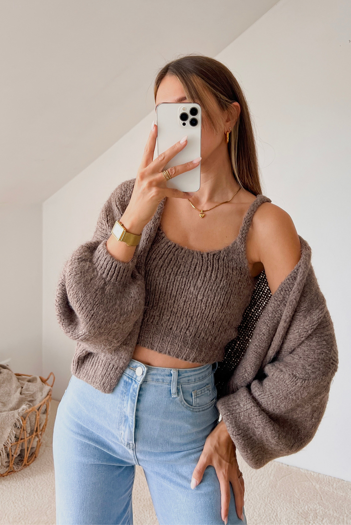 CARDIGAN MIT STRICKTOP - Braun