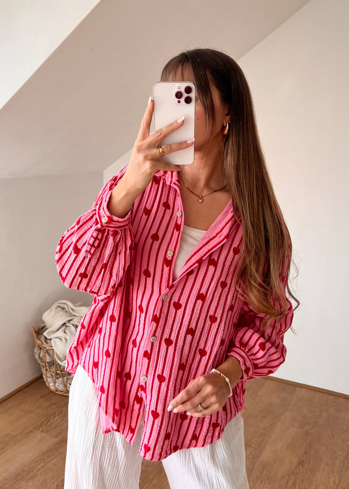 HERZ STRIPE MUSSELIN BLUSE - pink/rot