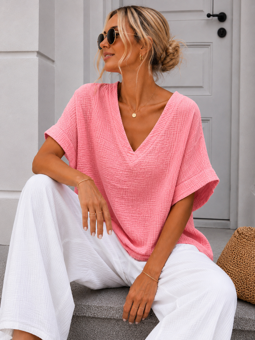 MUSSELIN SHIRT GINA mit V Ausschnitt - versch. Farben
