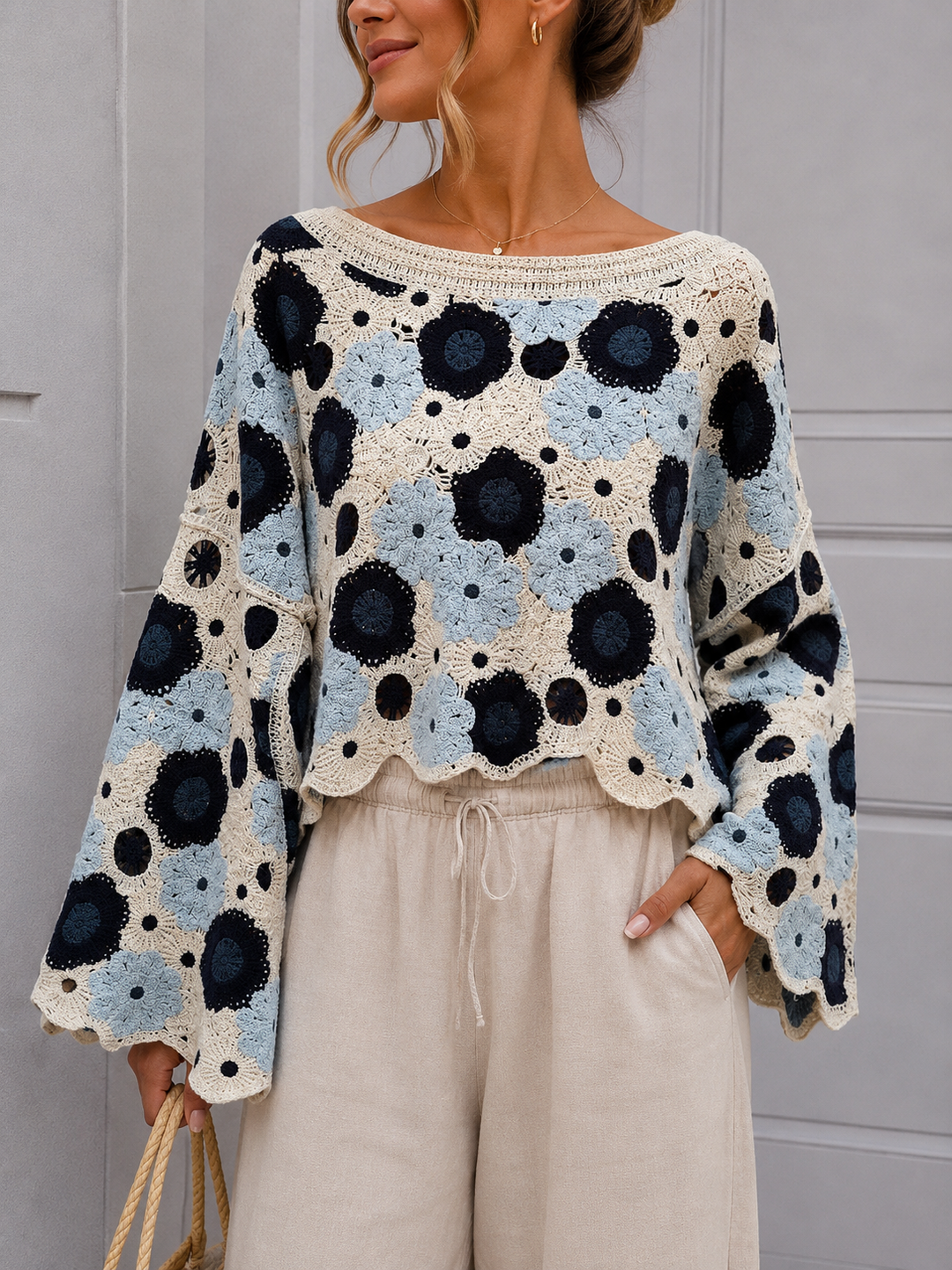 LOCKERER HÄKEL PULLOVER - blau