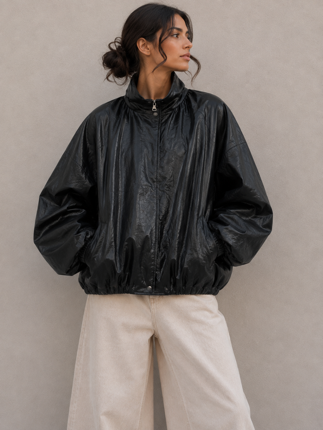 OVERSIZE LEDEROPTIK BALLON JACKE - versch. Farben