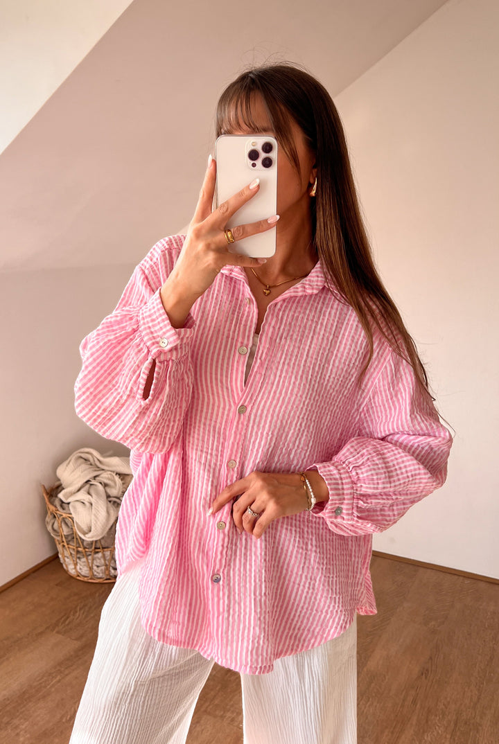 OVERSIZE STREIFEN MUSSELIN BLUSE - pink