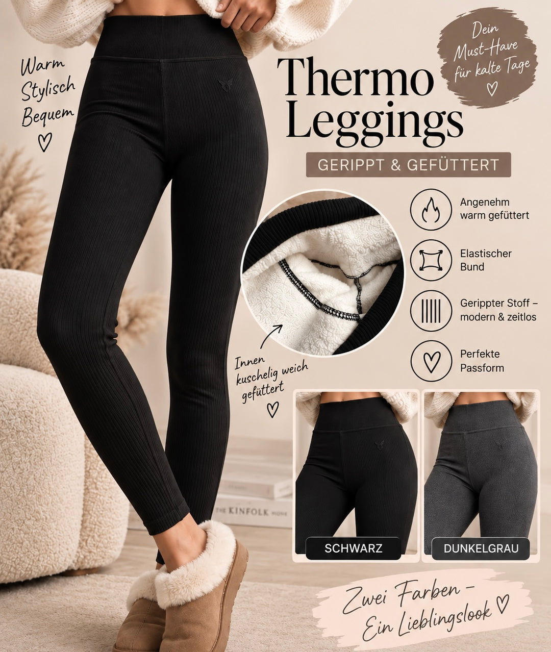 GERIPPTE THERMO LEGGINGS - versch. Farben