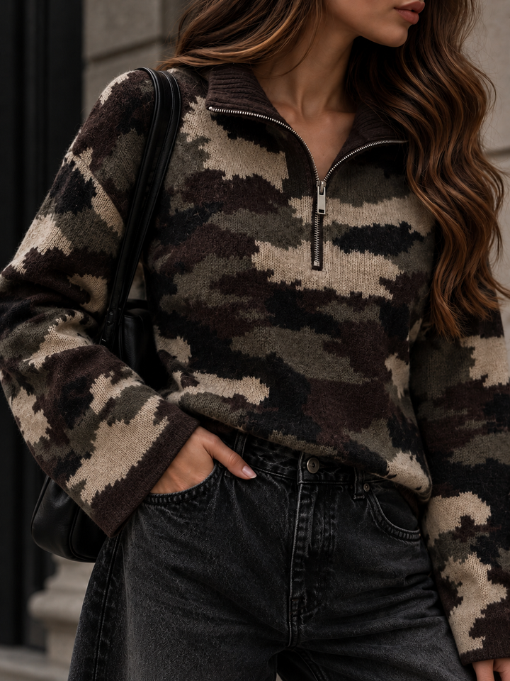CAMOUFLAGE STRICKPULLOVER mit Zipper