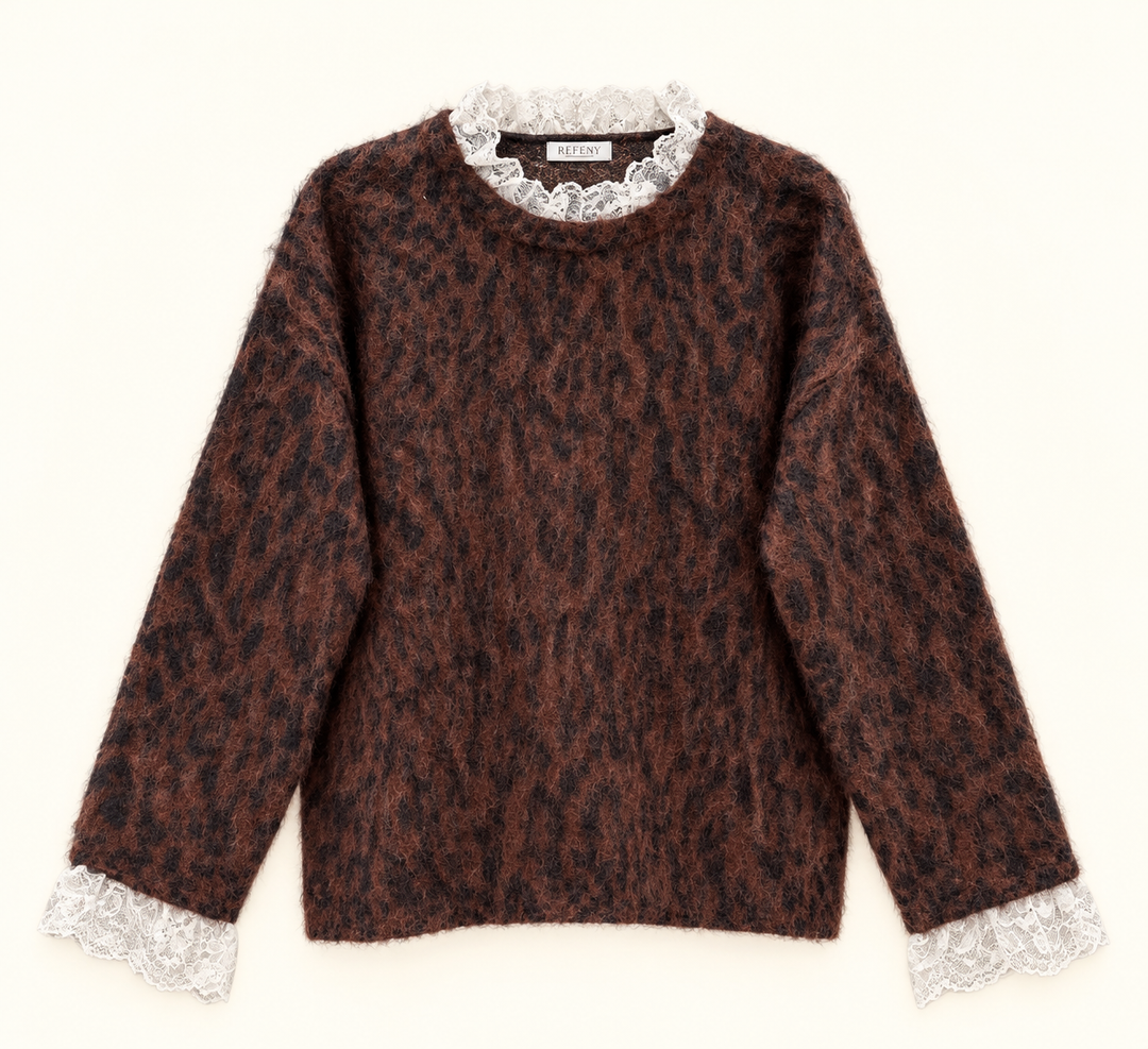 LEO STRICKPULLOVER mit Spitze - dunkelbraun