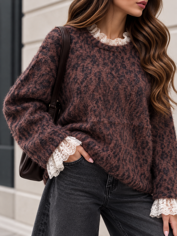 LEO STRICKPULLOVER mit Spitze - dunkelbraun
