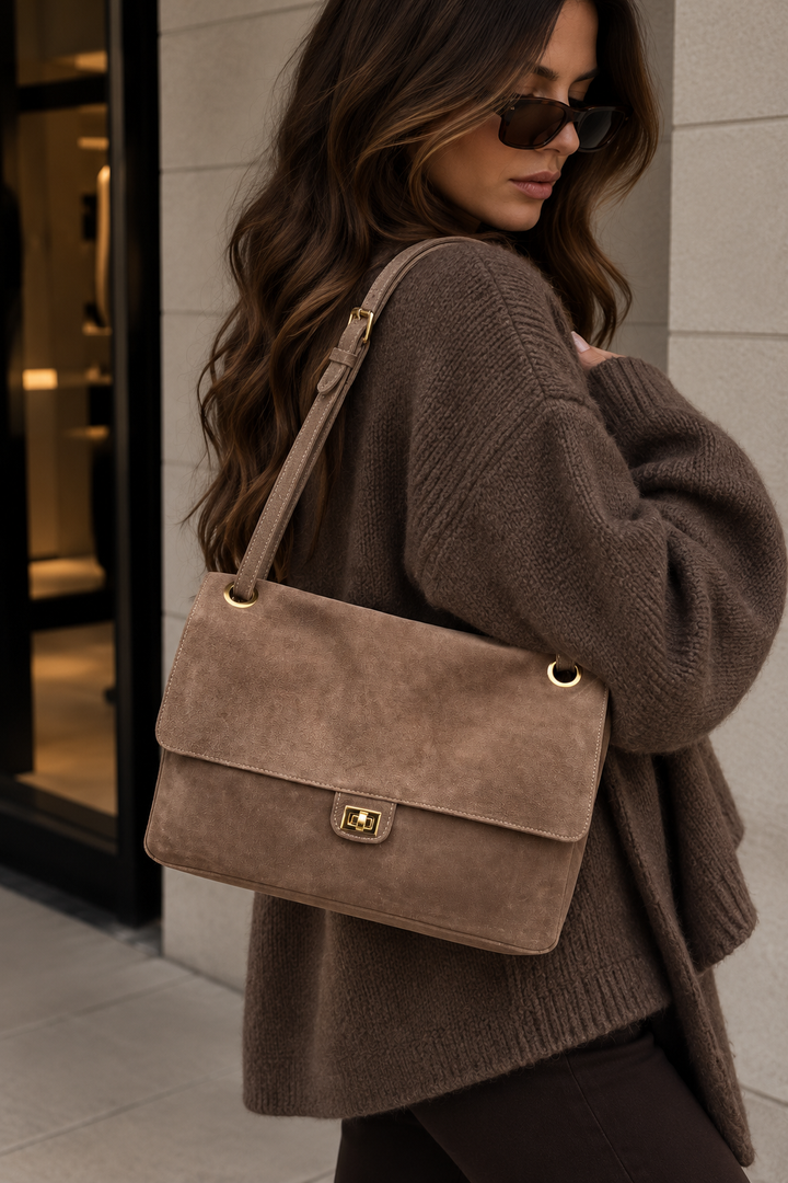XL WILDLEDER UMHÄNGETASCHE - Taupe